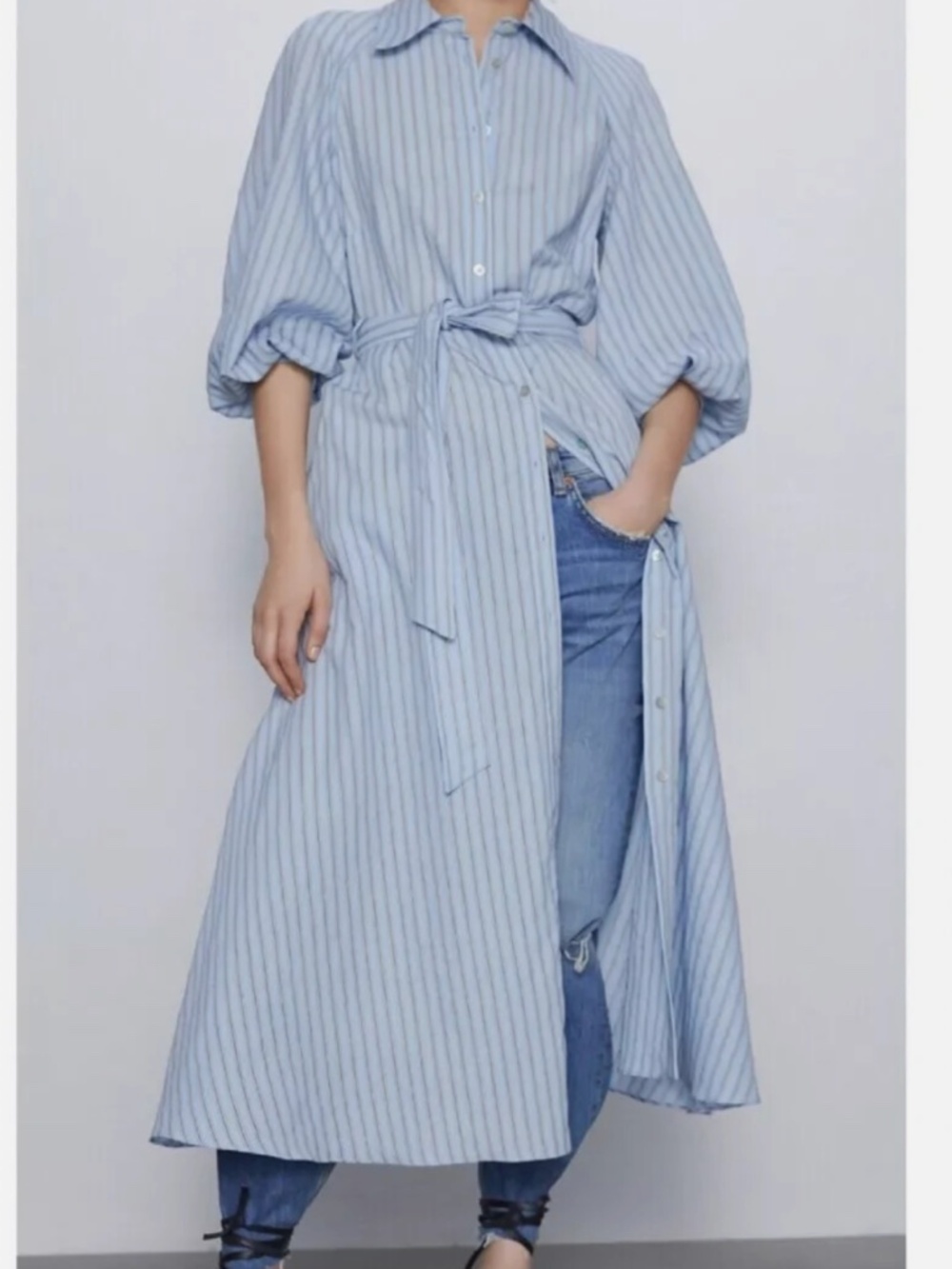 Zara | Dresses | Zara Women Blue Striped Button Down Belt Cotton Shirt Dress Size L